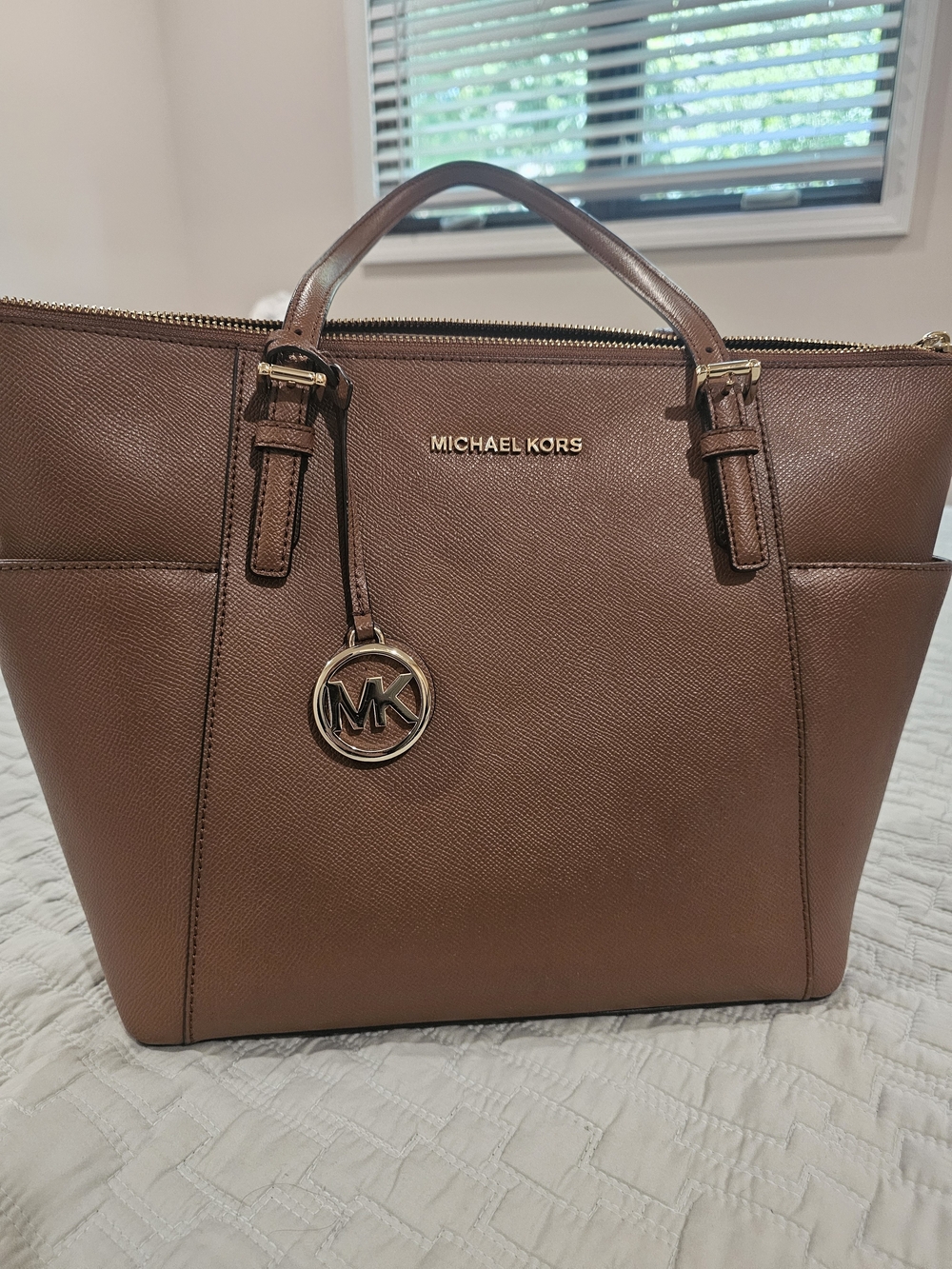 MICHAEL Michael Kors Brown Saffiano Leather Tote with Gold MK Charm